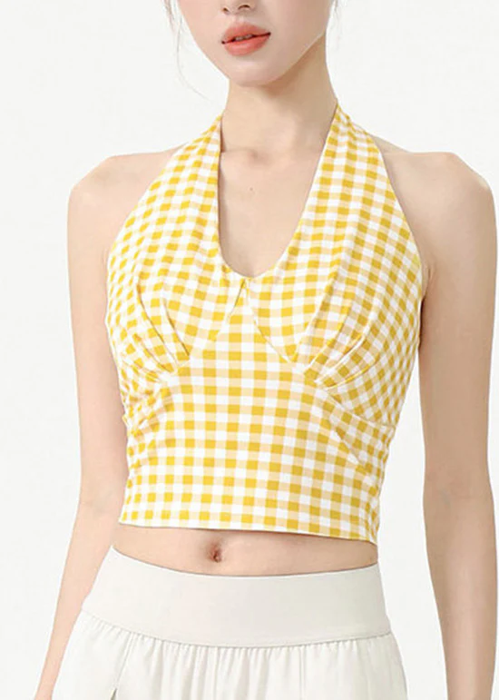Blue Plaid Sports Neck Hanging Yoga Camisole Tank - Image 3