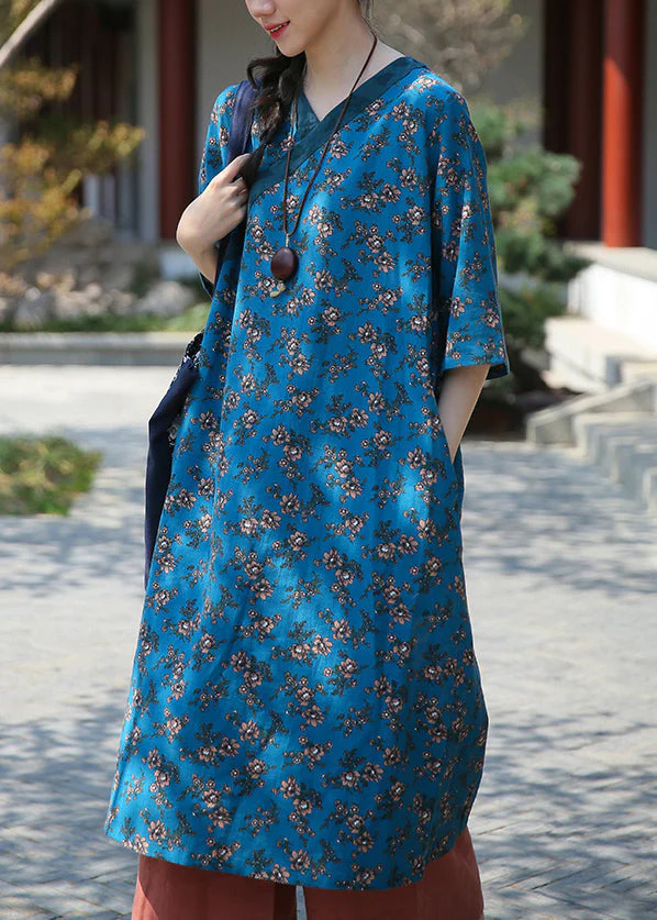 Blue Pockets Patchwork Cotton Dress V Neck Summer - Image 3