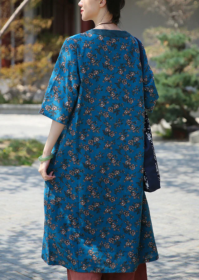 Blue Pockets Patchwork Cotton Dress V Neck Summer - Image 4