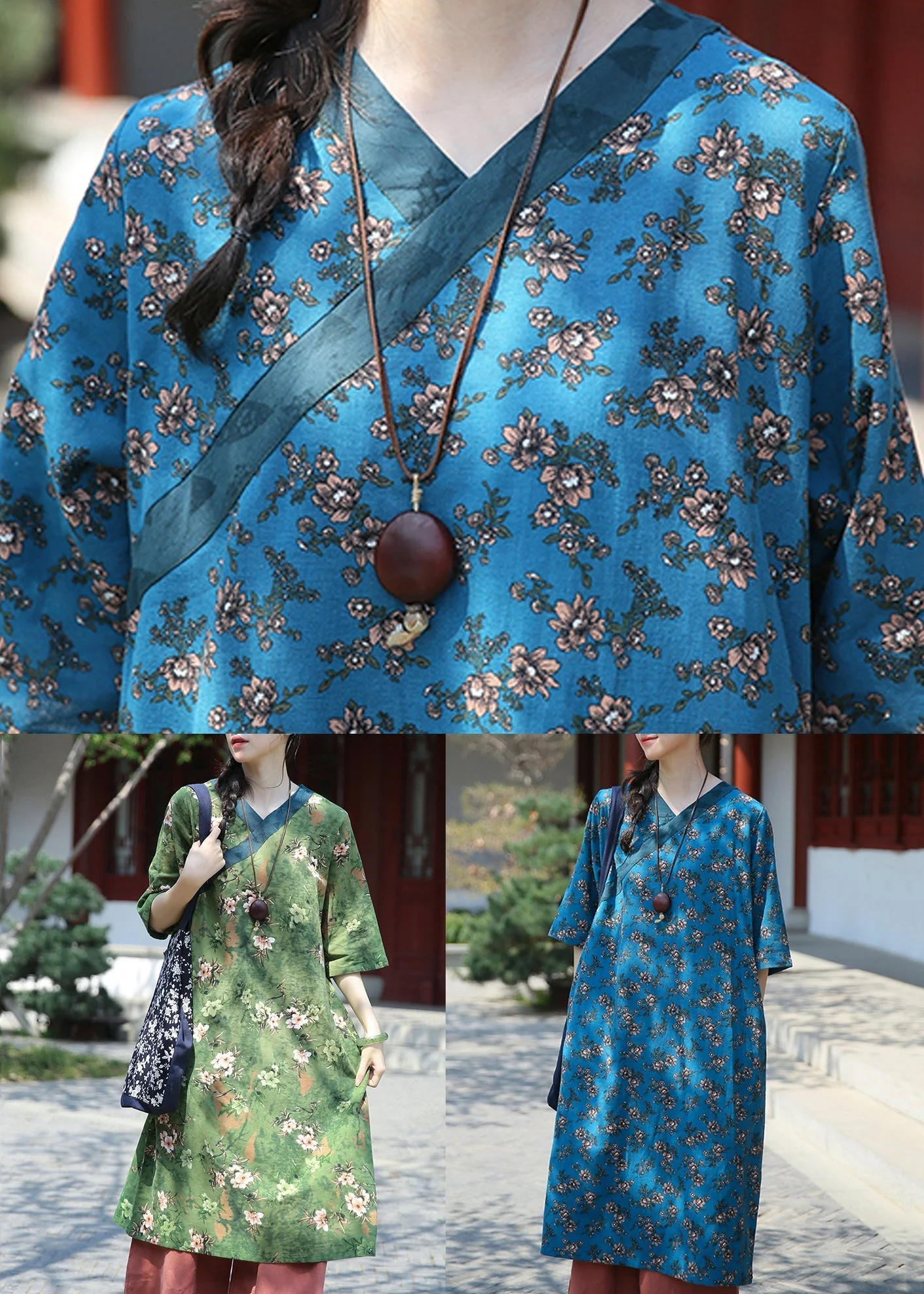 Blue Pockets Patchwork Cotton Dress V Neck Summer - Image 5