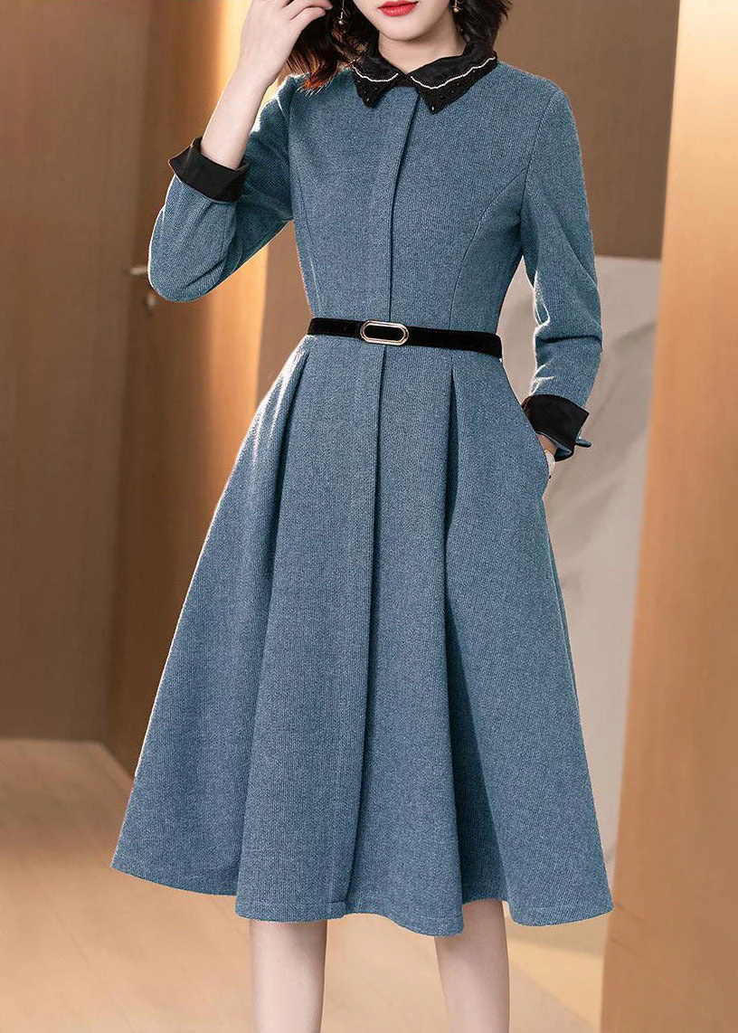 Blue Pockets Patchwork Cotton Dresses Peter Pan Collar Long Sleeve - Image 2