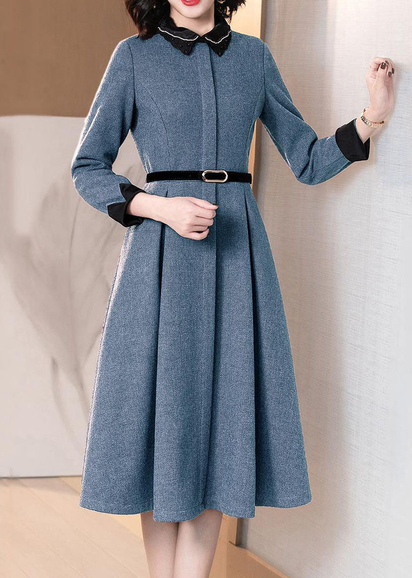 Blue Pockets Patchwork Cotton Dresses Peter Pan Collar Long Sleeve - Image 3