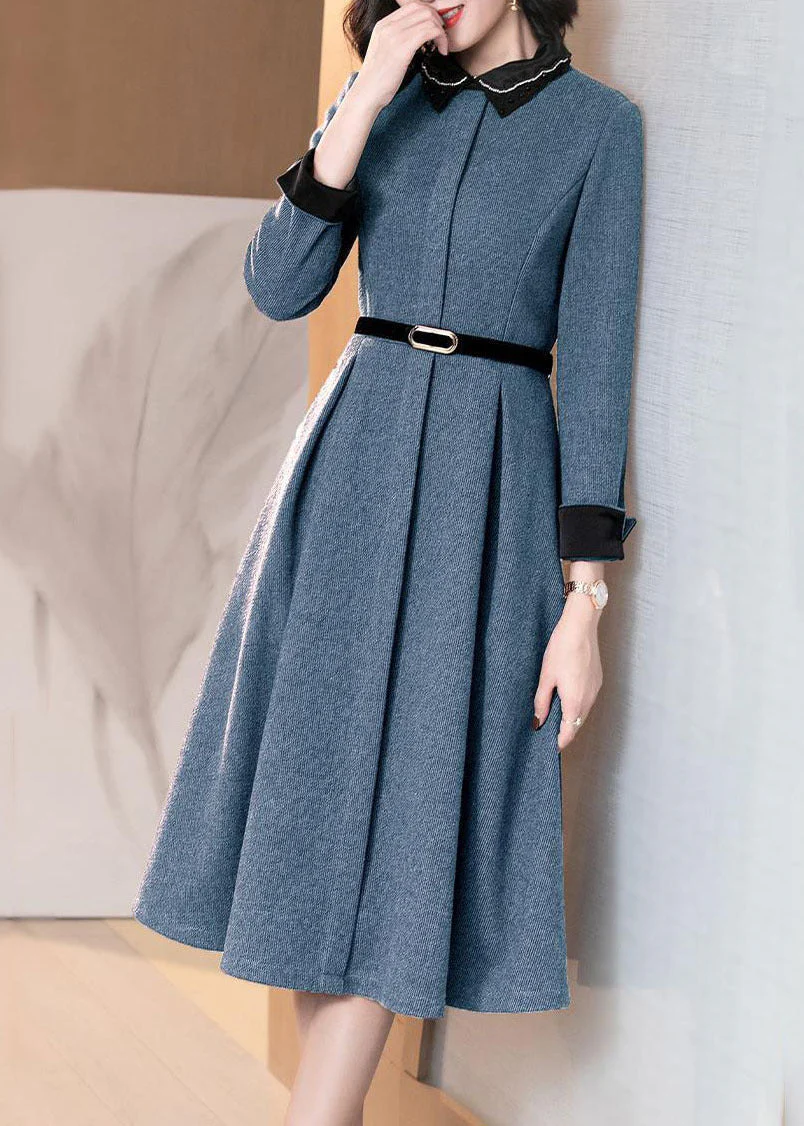 Blue Pockets Patchwork Cotton Dresses Peter Pan Collar Long Sleeve - Image 4