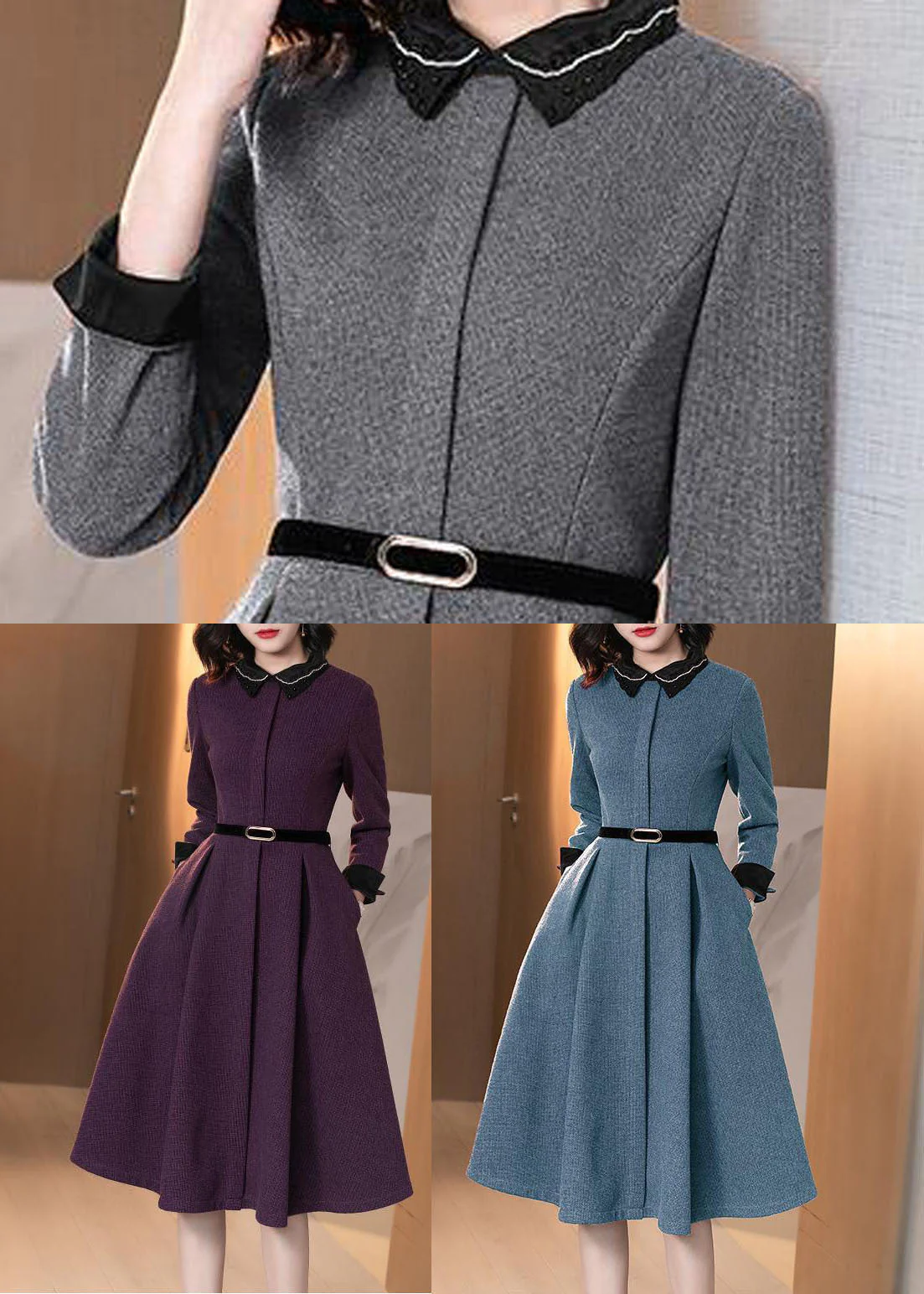 Blue Pockets Patchwork Cotton Dresses Peter Pan Collar Long Sleeve - Image 5