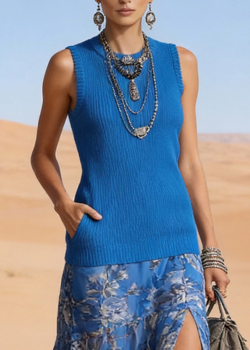 Blue Pockets Side Open Patchwork Knit Long Dresses O Neck Sleeveless - Image 2