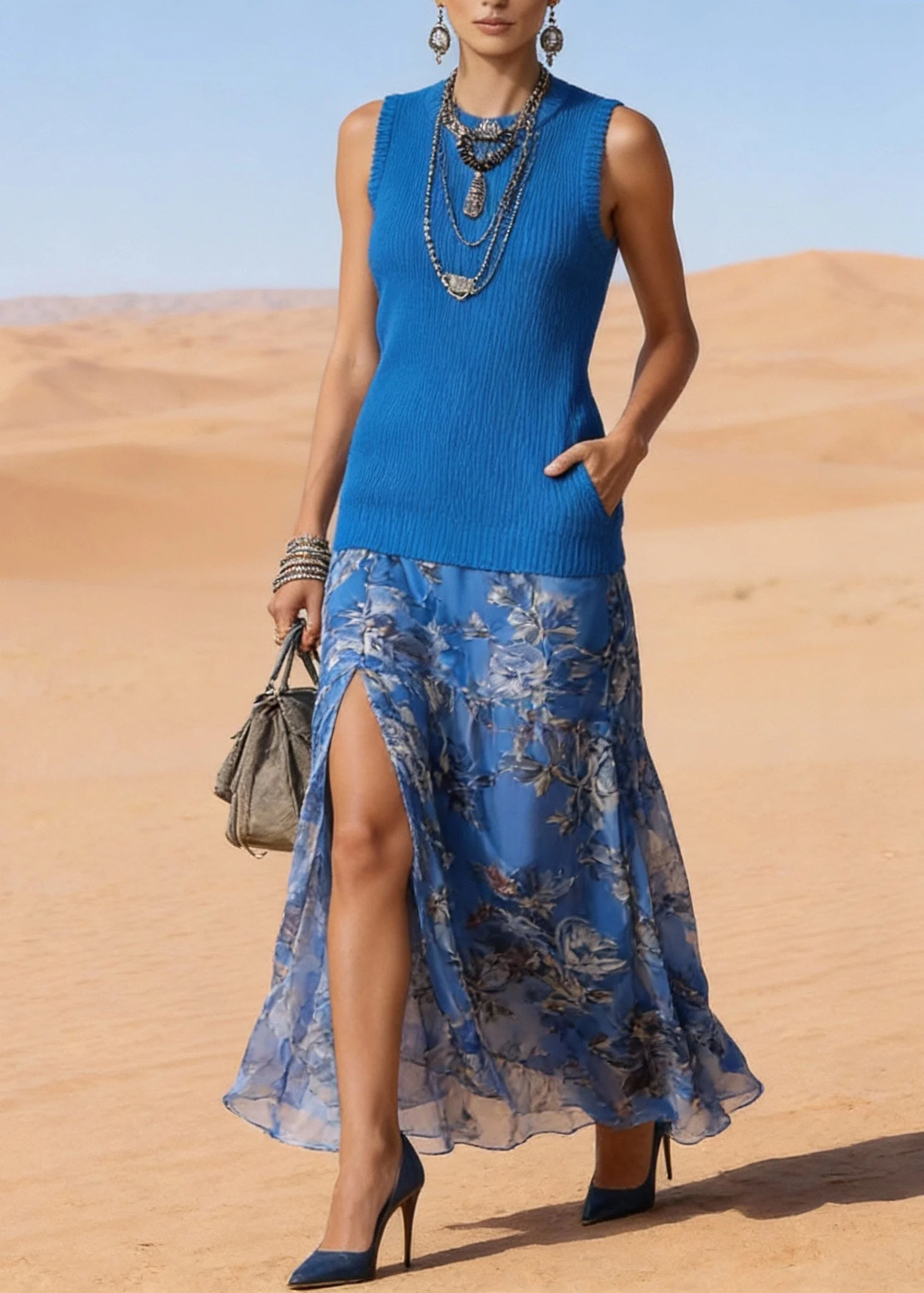 Blue Pockets Side Open Patchwork Knit Long Dresses O Neck Sleeveless - Image 3