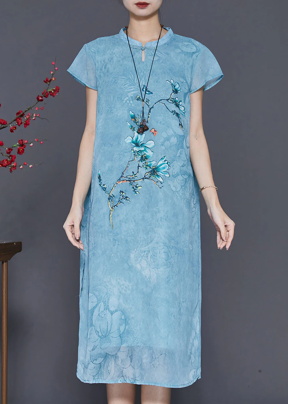 Blue Print Chiffon Cheongsam Dress Chinese Style Summer - Image 2