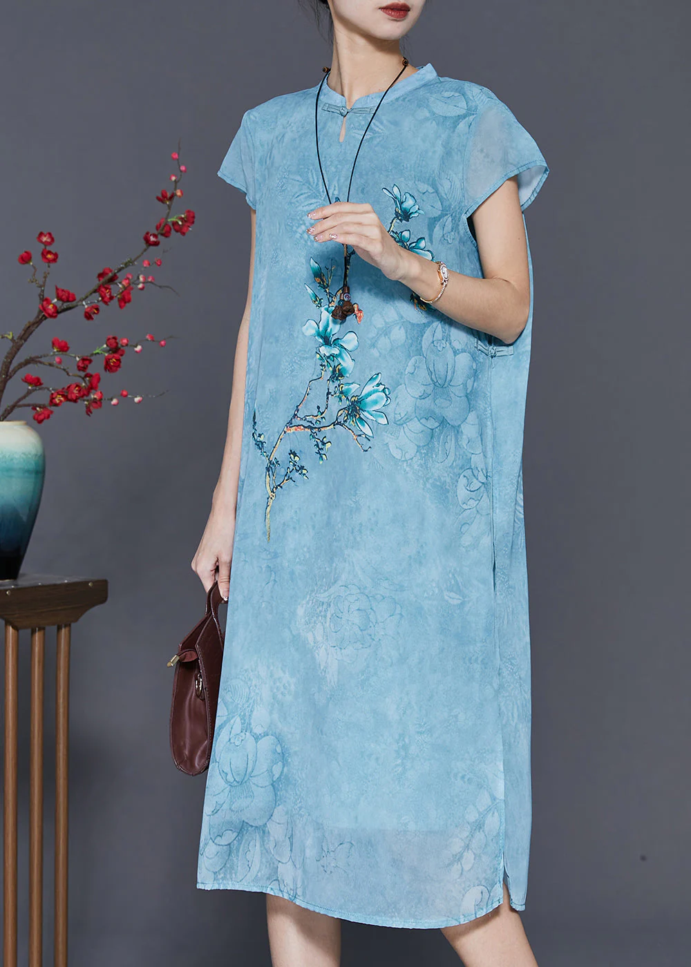Blue Print Chiffon Cheongsam Dress Chinese Style Summer - Image 3