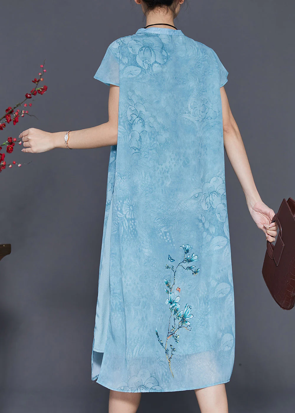 Blue Print Chiffon Cheongsam Dress Chinese Style Summer - Image 4