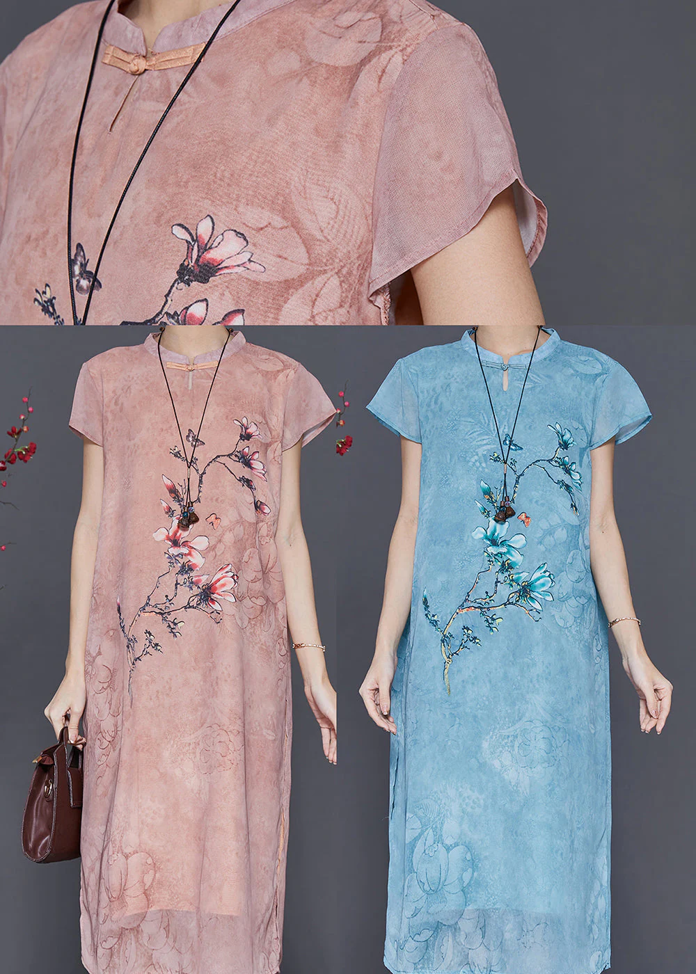 Blue Print Chiffon Cheongsam Dress Chinese Style Summer - Image 5