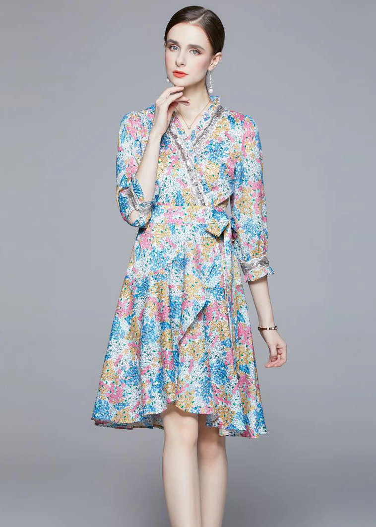 Blue Print Chiffon Dresses V Neck Lace Up Bracelet Sleeve - Image 3
