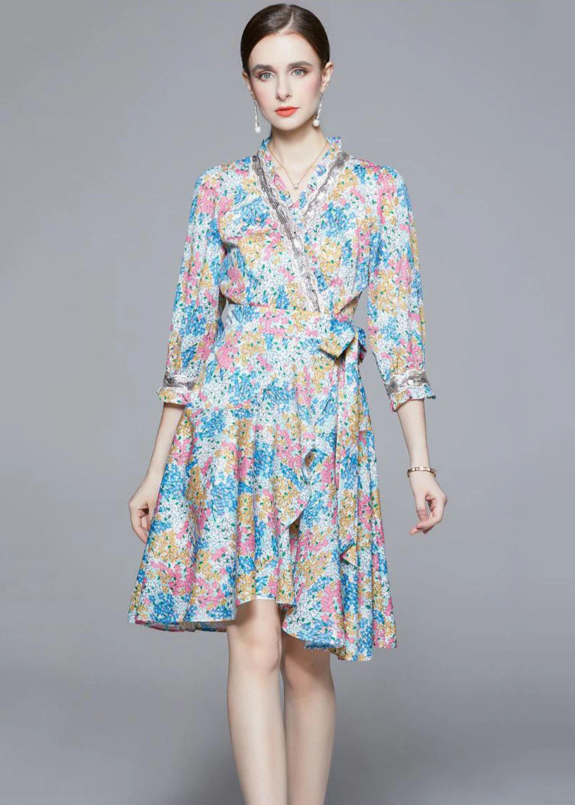 Blue Print Chiffon Dresses V Neck Lace Up Bracelet Sleeve - Image 4