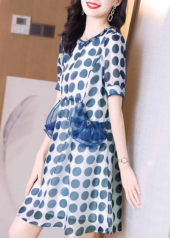 Blue Print Chiffon Holiday Dresses O-Neck Slim Fit Summer - Image 4