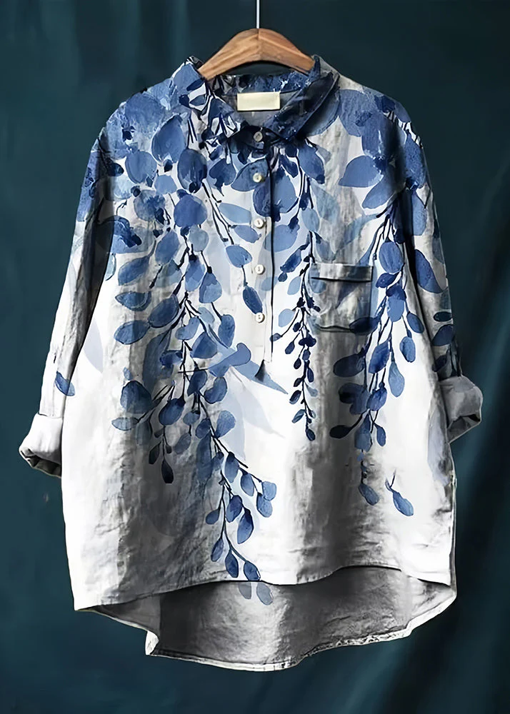 Blue Print Cotton Blouse Tops Oversized Spring - Image 3