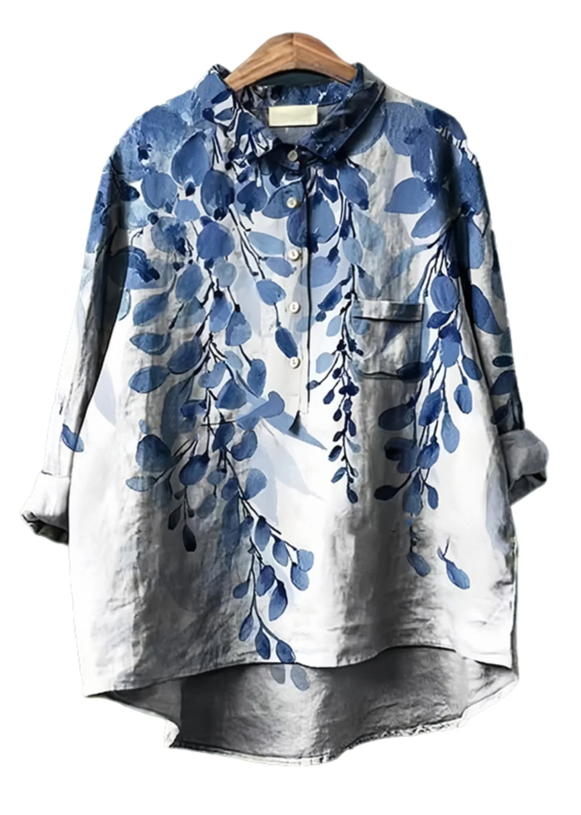 Blue Print Cotton Blouse Tops Oversized Spring - Image 5