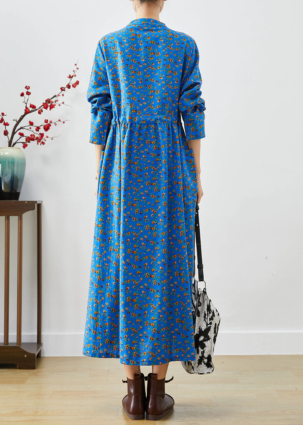 Blue Print Cotton Dress Cinched Chinese Button Fall - Image 3