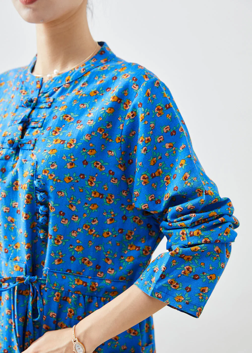 Blue Print Cotton Dress Cinched Chinese Button Fall - Image 4