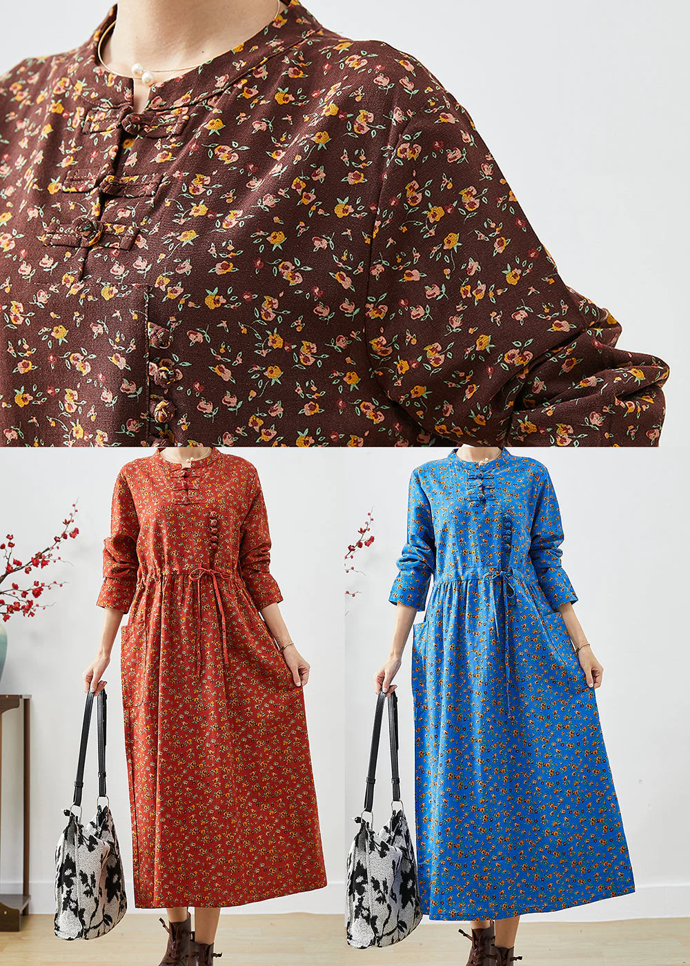 Blue Print Cotton Dress Cinched Chinese Button Fall - Image 5