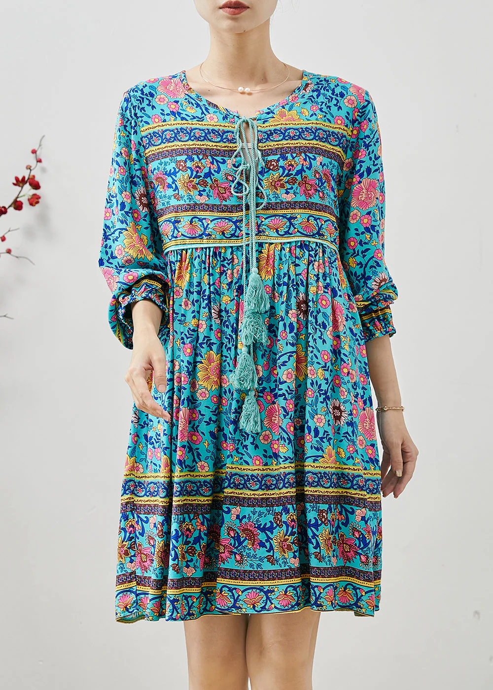 Blue Print Cotton Holiday Dress Tasseled Fall - Image 3