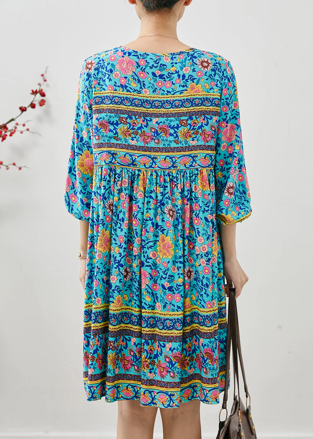 Blue Print Cotton Holiday Dress Tasseled Fall - Image 4