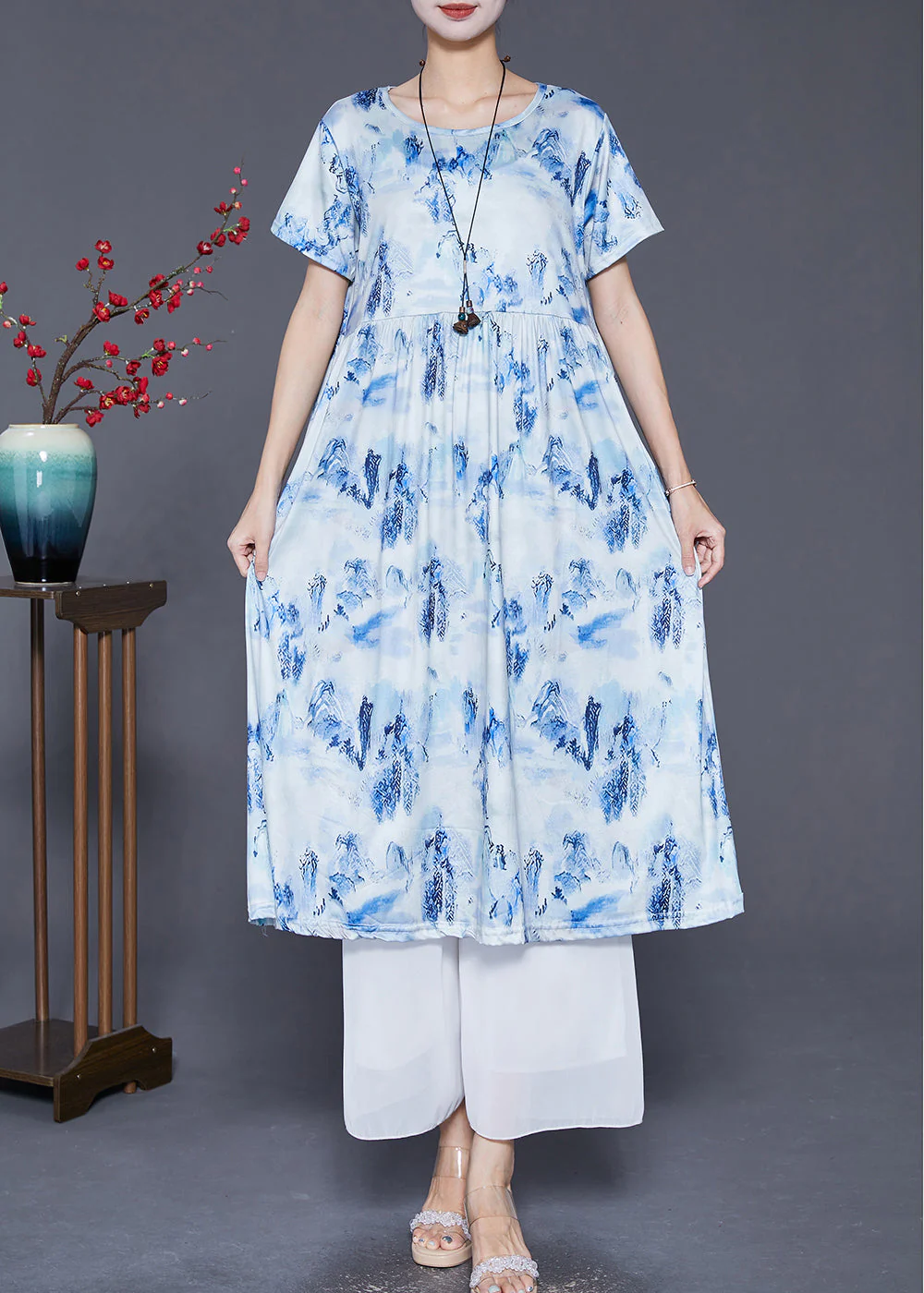 Blue Print Cotton Holiday Dresses Exra Large Hem Summer - Image 2