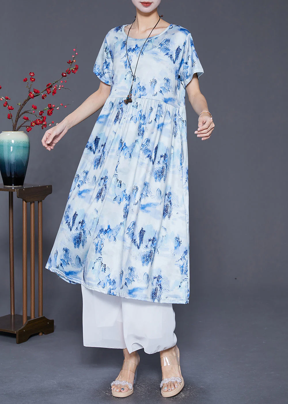 Blue Print Cotton Holiday Dresses Exra Large Hem Summer - Image 3