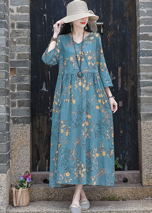 Blue Print Cotton Linen Holiday Dress Drawstring Exra Large Hem Bracelet Sleeve - Image 2
