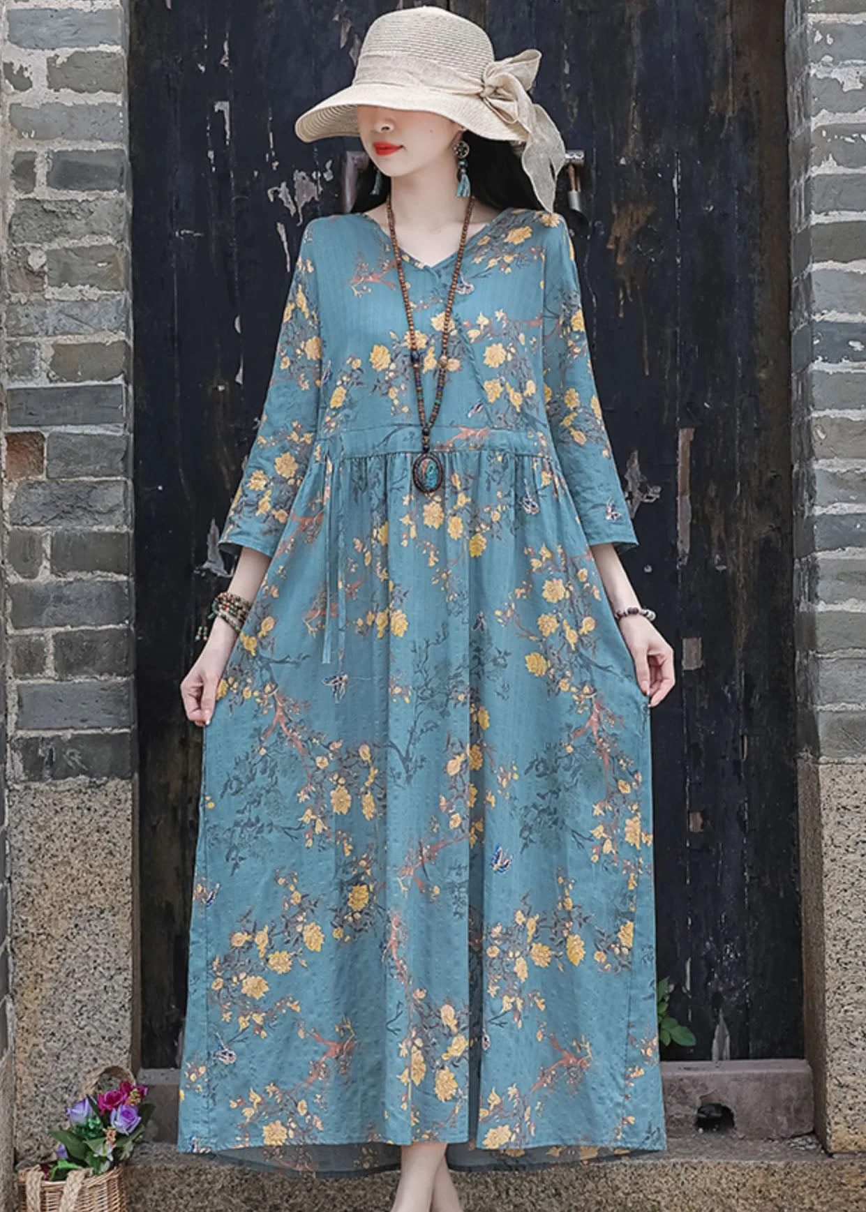Blue Print Cotton Linen Holiday Dress Drawstring Exra Large Hem Bracelet Sleeve - Image 3