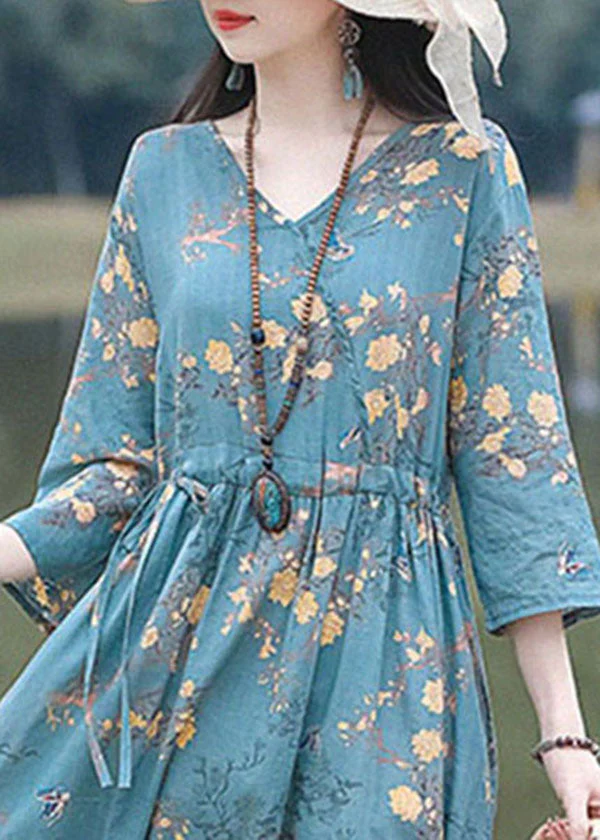 Blue Print Cotton Linen Holiday Dress Drawstring Exra Large Hem Bracelet Sleeve - Image 4