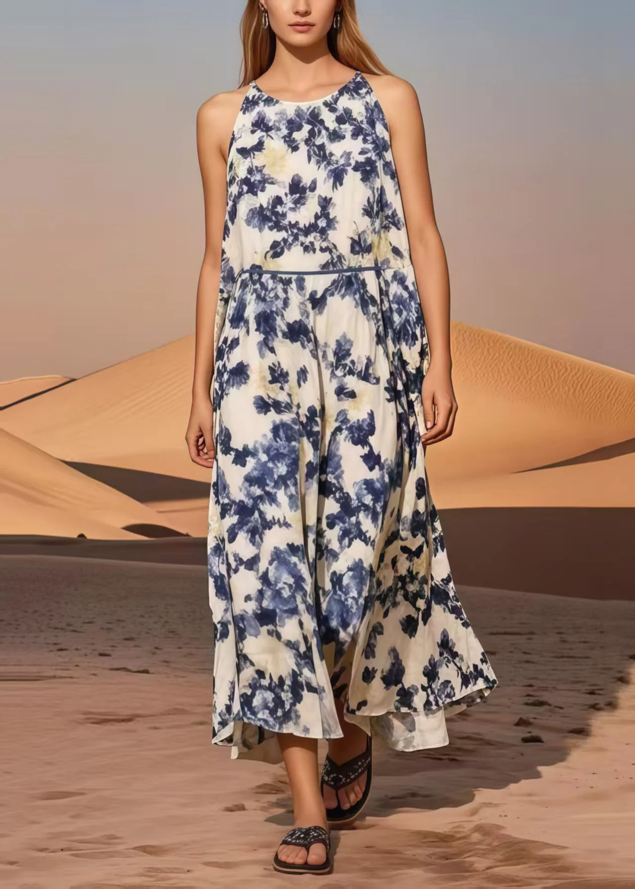 Blue Print Cotton Long Dress Cold Shoulder Summer - Image 3