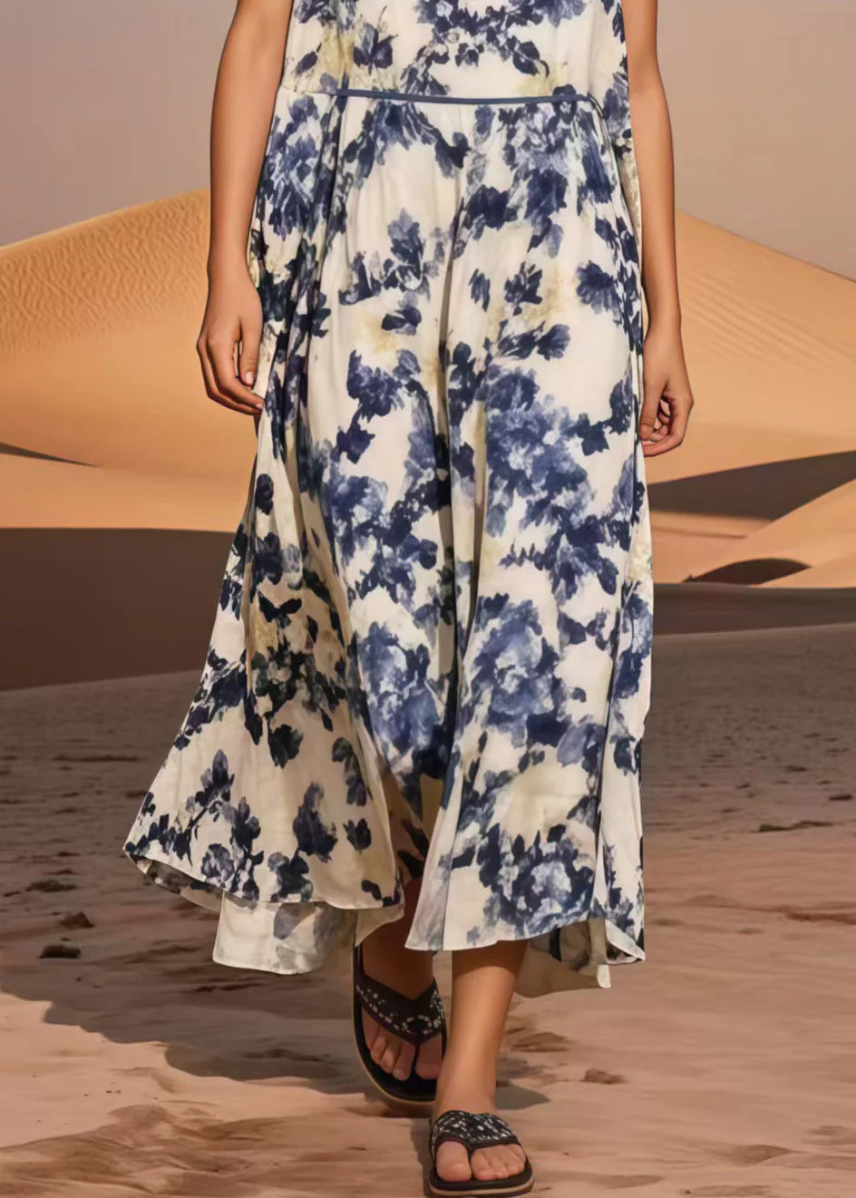 Blue Print Cotton Long Dress Cold Shoulder Summer - Image 4