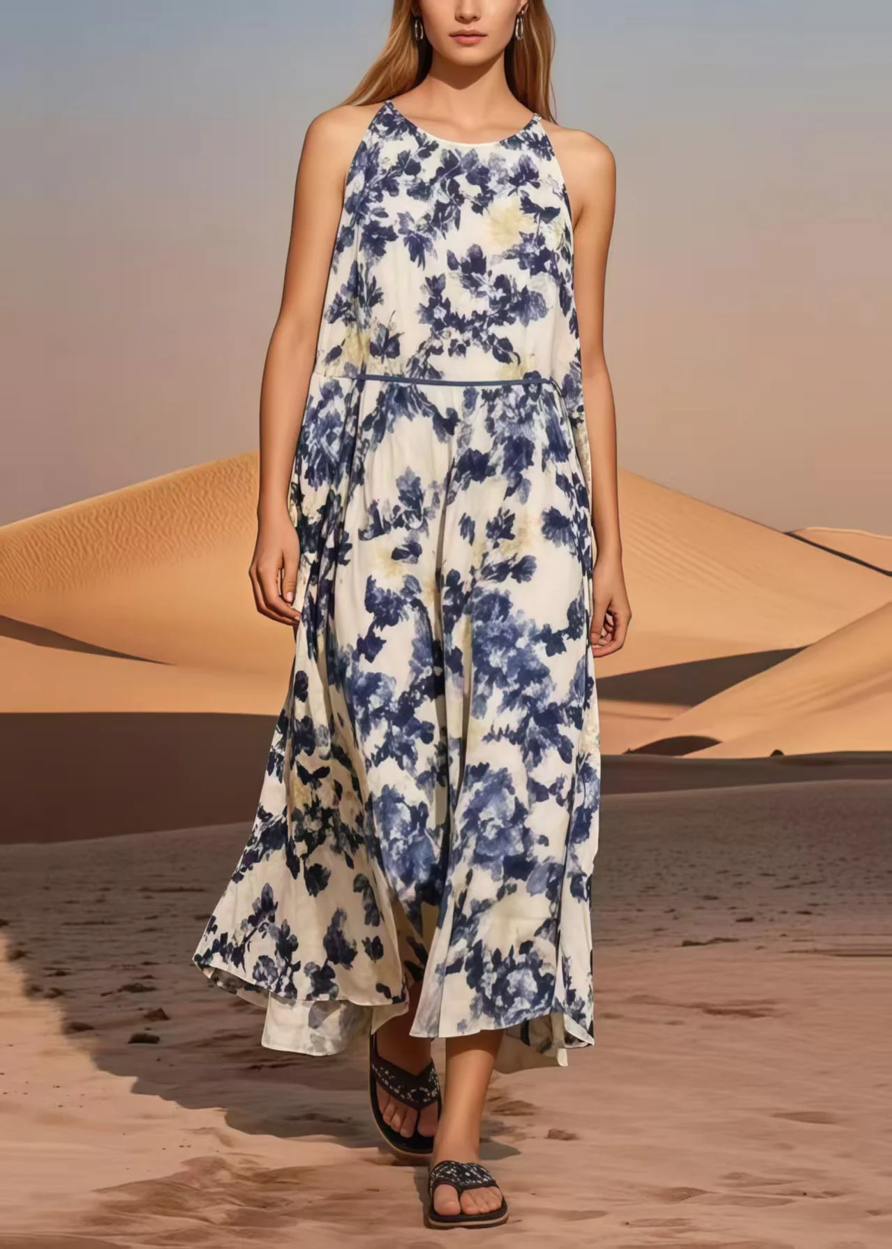 Blue Print Cotton Long Dress Cold Shoulder Summer - Image 5