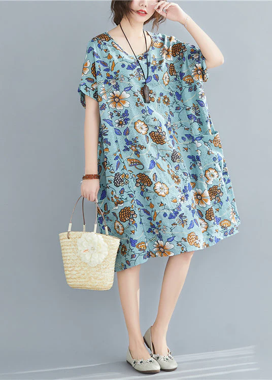 Blue Print Cotton Maxi Dresses Oversized Pockets Summer - Image 2