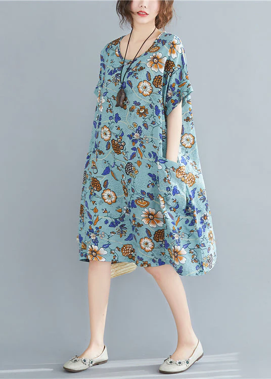 Blue Print Cotton Maxi Dresses Oversized Pockets Summer - Image 3