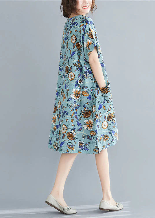 Blue Print Cotton Maxi Dresses Oversized Pockets Summer - Image 4