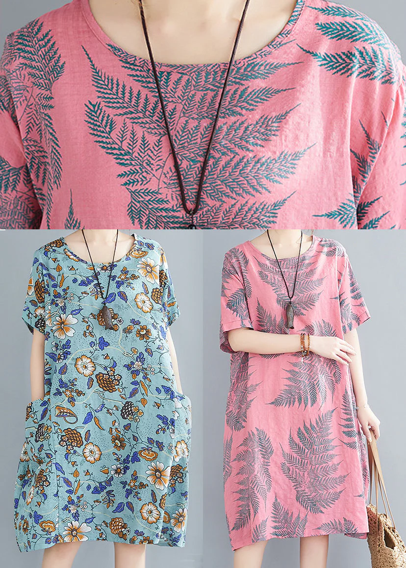 Blue Print Cotton Maxi Dresses Oversized Pockets Summer - Image 5