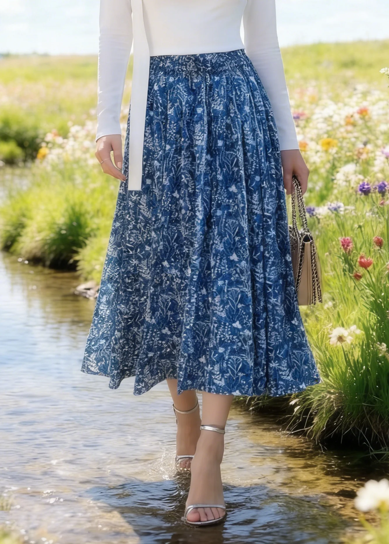 Blue Print Cotton Skirt Elastic Waist Summer - Image 3