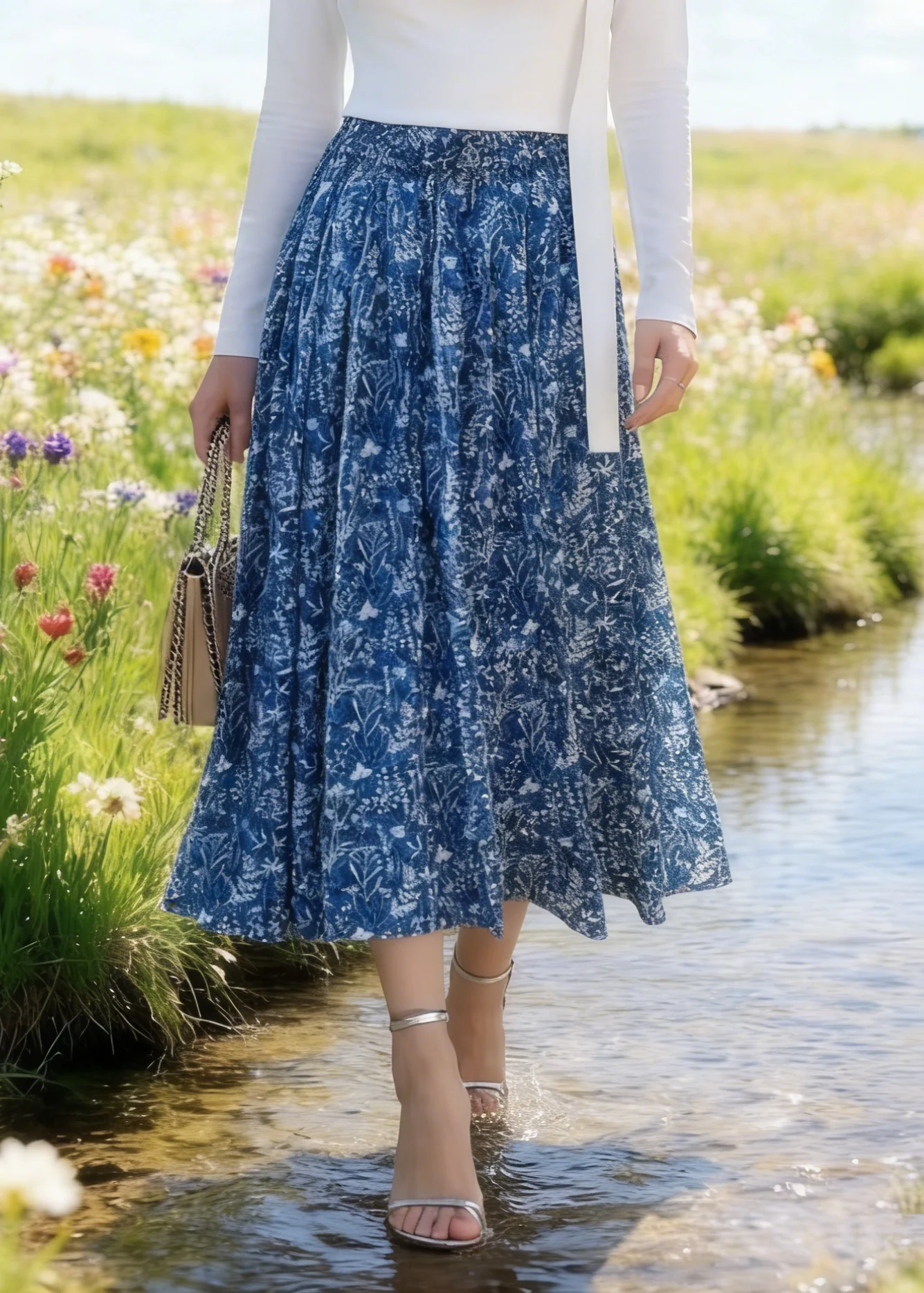 Blue Print Cotton Skirt Elastic Waist Summer - Image 4