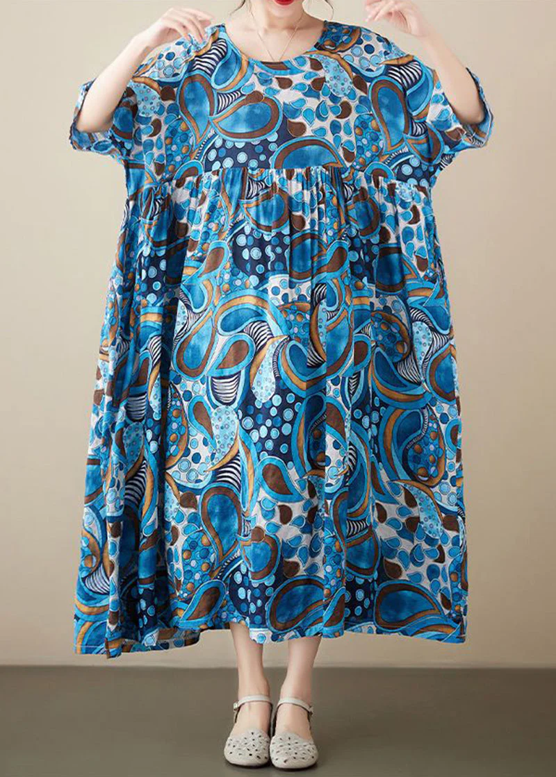 Blue Print Cotton Vacation Dress Oversized Exra Large Hem Summer - Image 3
