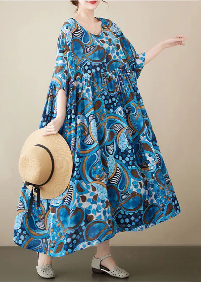 Blue Print Cotton Vacation Dress Oversized Exra Large Hem Summer - Image 4