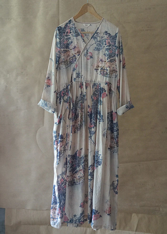 Blue Print Holiday Long Dress tie waist V Neck Long Sleeve - Image 2