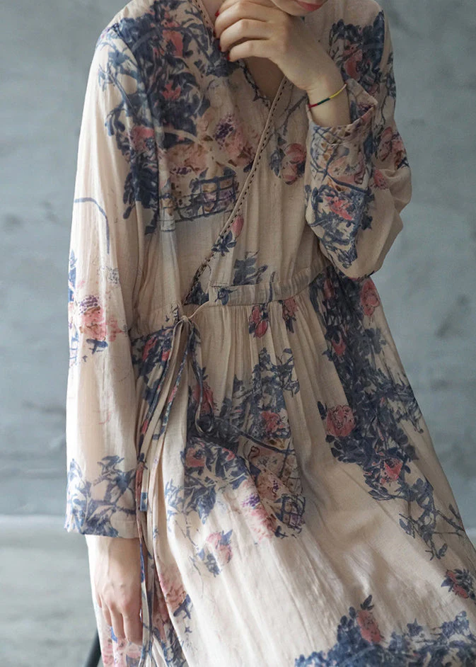 Blue Print Holiday Long Dress tie waist V Neck Long Sleeve - Image 4
