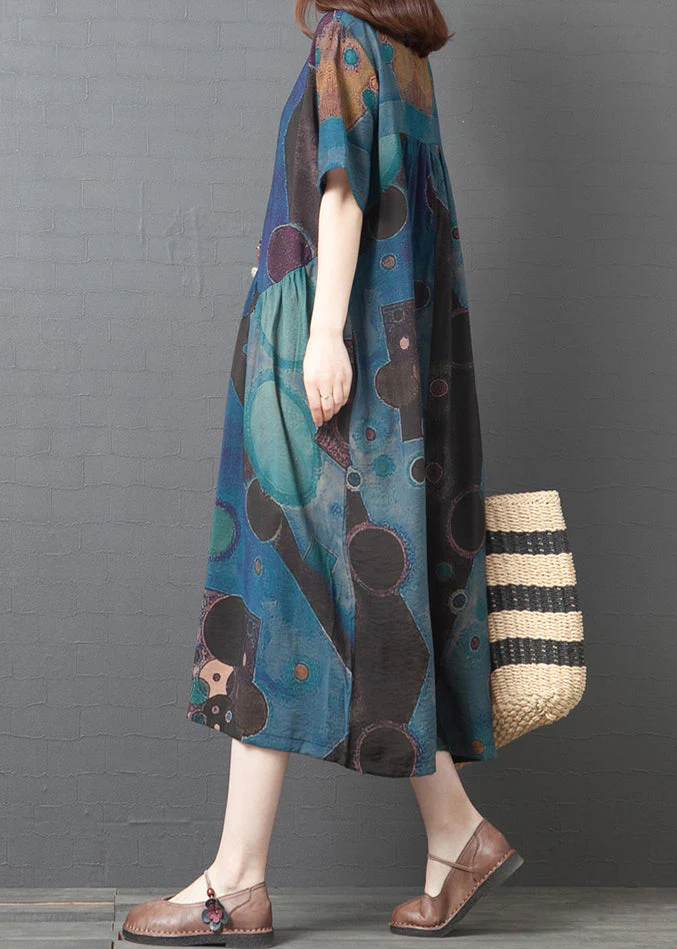 Blue Print Linen Holiday Dress O-Neck Summer - Image 3