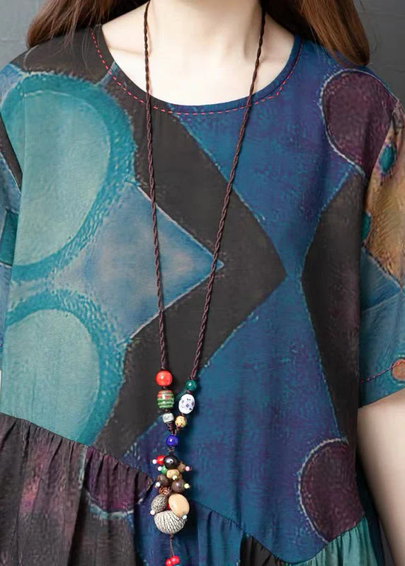 Blue Print Linen Holiday Dress O-Neck Summer - Image 4