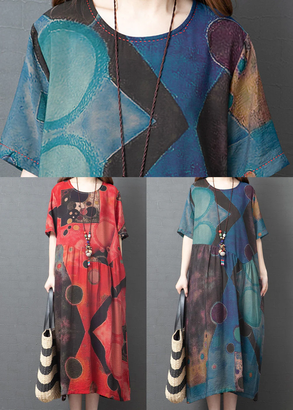 Blue Print Linen Holiday Dress O-Neck Summer - Image 5
