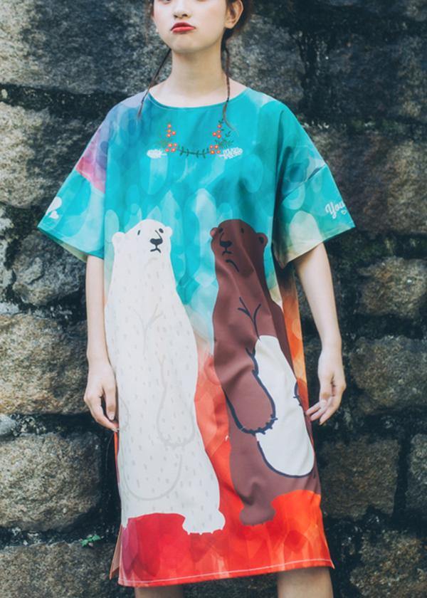 Blue Print O-Neck Animal Cute Summer Dresses Short Sleeve - Image 2