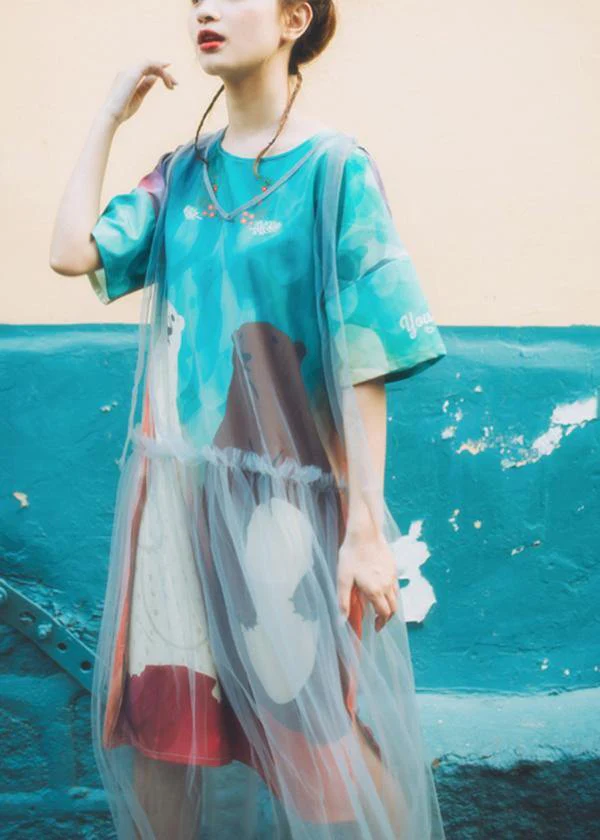 Blue Print O-Neck Animal Cute Summer Dresses Short Sleeve - Image 3