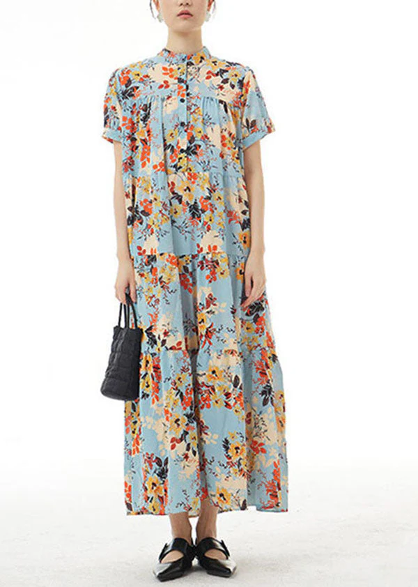Blue Print Patchwork Chiffon Dress Stand Collar Wrinkled Summer - Image 2