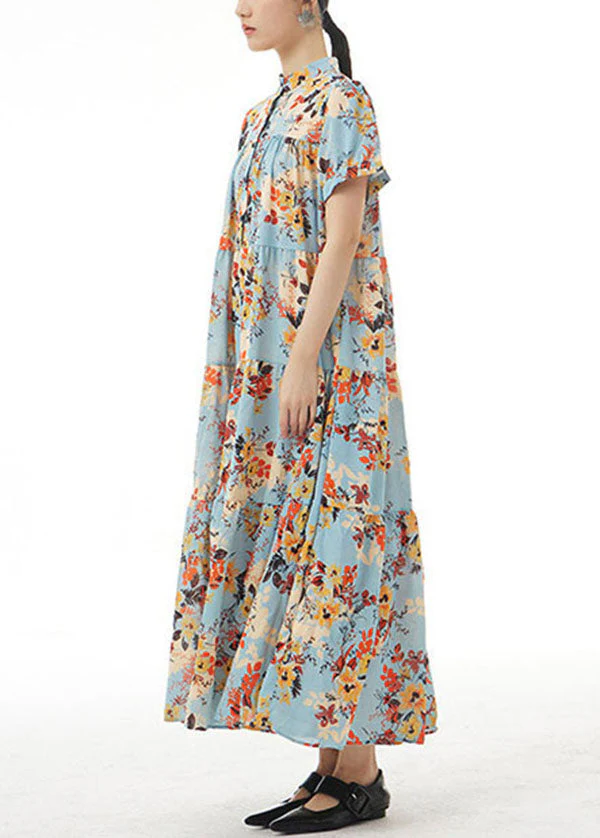 Blue Print Patchwork Chiffon Dress Stand Collar Wrinkled Summer - Image 3