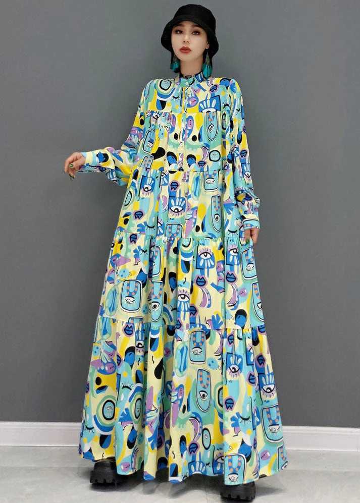 Blue Print Patchwork Cotton A Line Long Dress Stand Collar Long Sleeve - Image 2